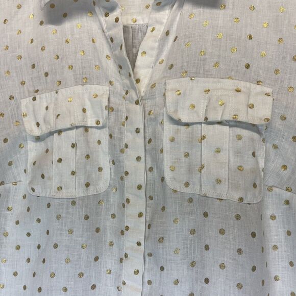 Charter Club Luxury Womens 100% Linen Shirt Size 1X White Gold Dots Tab Sleeves - Picture 2 of 7